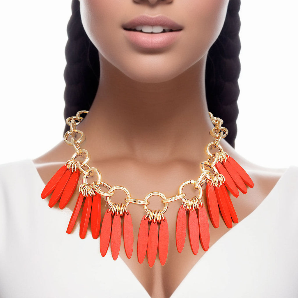 Statement Necklace Tribal Red Wood Fringe for Women Stylish Chic Accessory