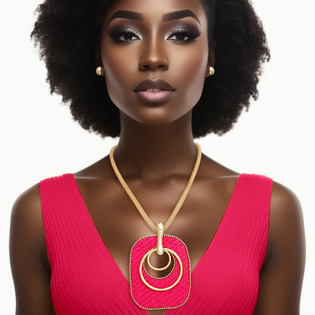 Pendant Necklace Quilted Raffia Set in Fuchsia – Stylish Women’s Jewelry