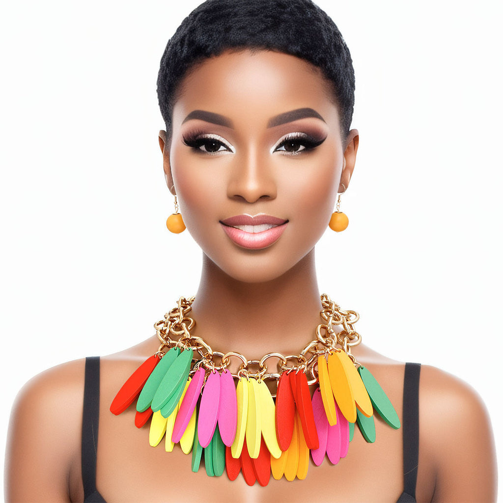 Statement Layered Tribal Rainbow Wood Fringe Choker Necklace, Trendy Fashion Jewelry