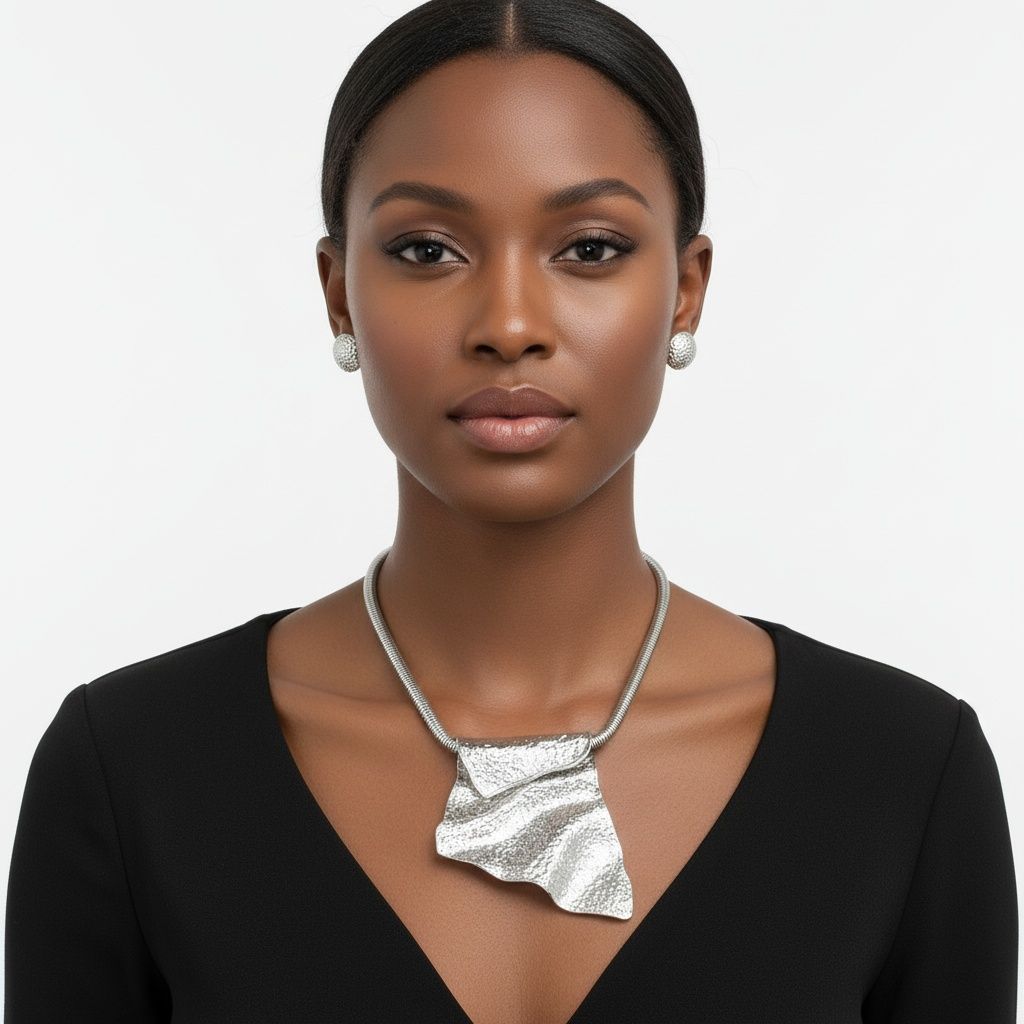Modern Silver Folded Metal Power Pendant Necklace Stylish Statement Jewelry