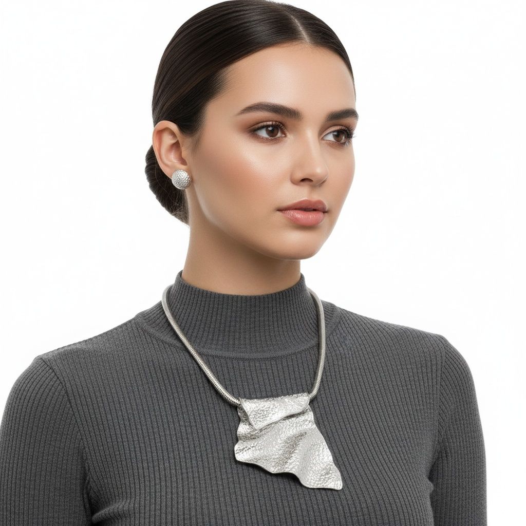 Modern Silver Folded Metal Power Pendant Necklace Stylish Statement Jewelry
