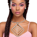 Statement Necklace Silver Concentric Diamond Dangle Pendant Stylish Chic Jewelry