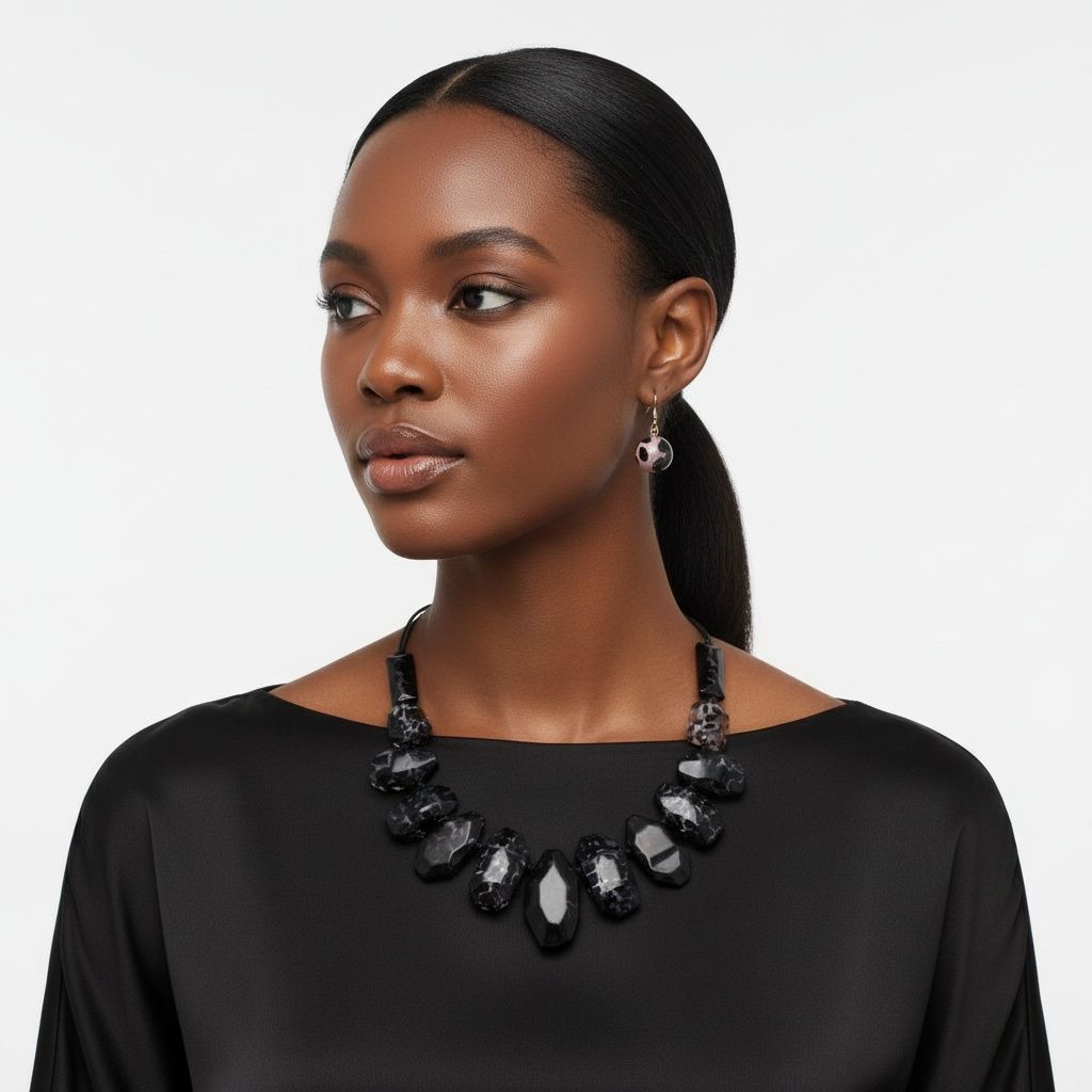 Statement Necklace Chunky Black Leopard Bead Cord Stylish Toggle Closure