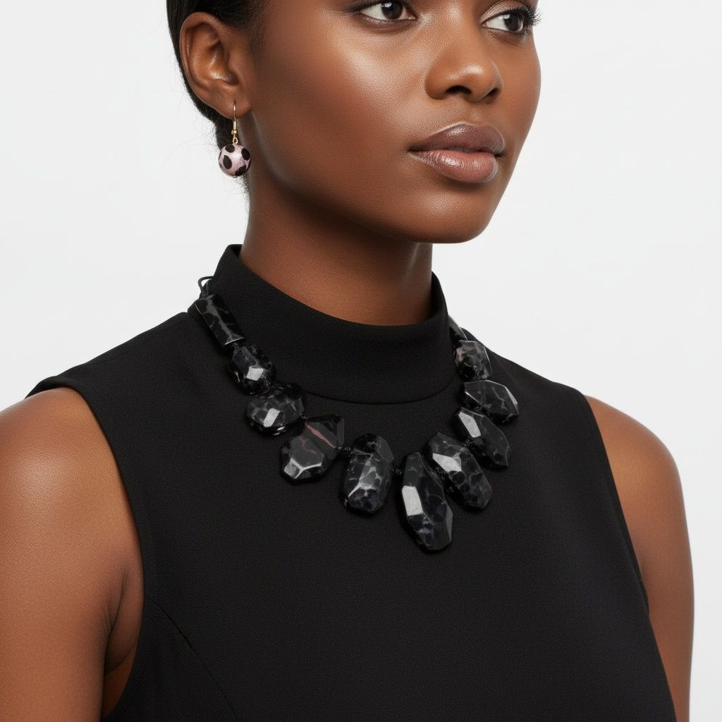 Statement Necklace Chunky Black Leopard Bead Cord Stylish Toggle Closure