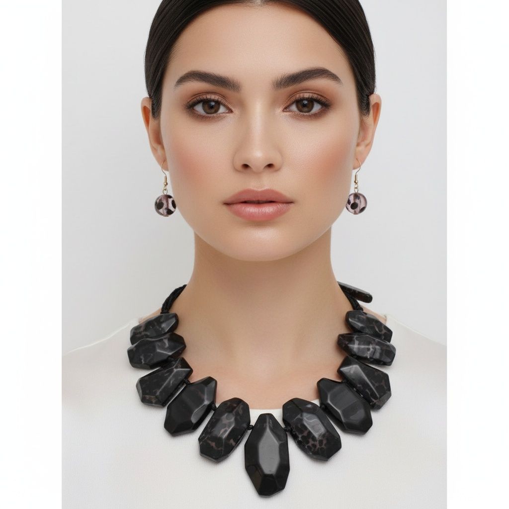Statement Necklace Chunky Black Leopard Bead Cord Stylish Toggle Closure