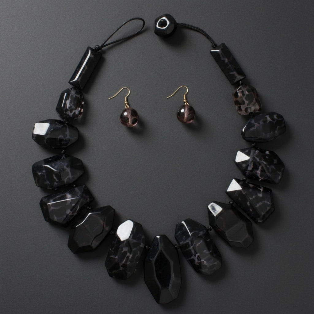 Statement Necklace Chunky Black Leopard Bead Cord Stylish Toggle Closure