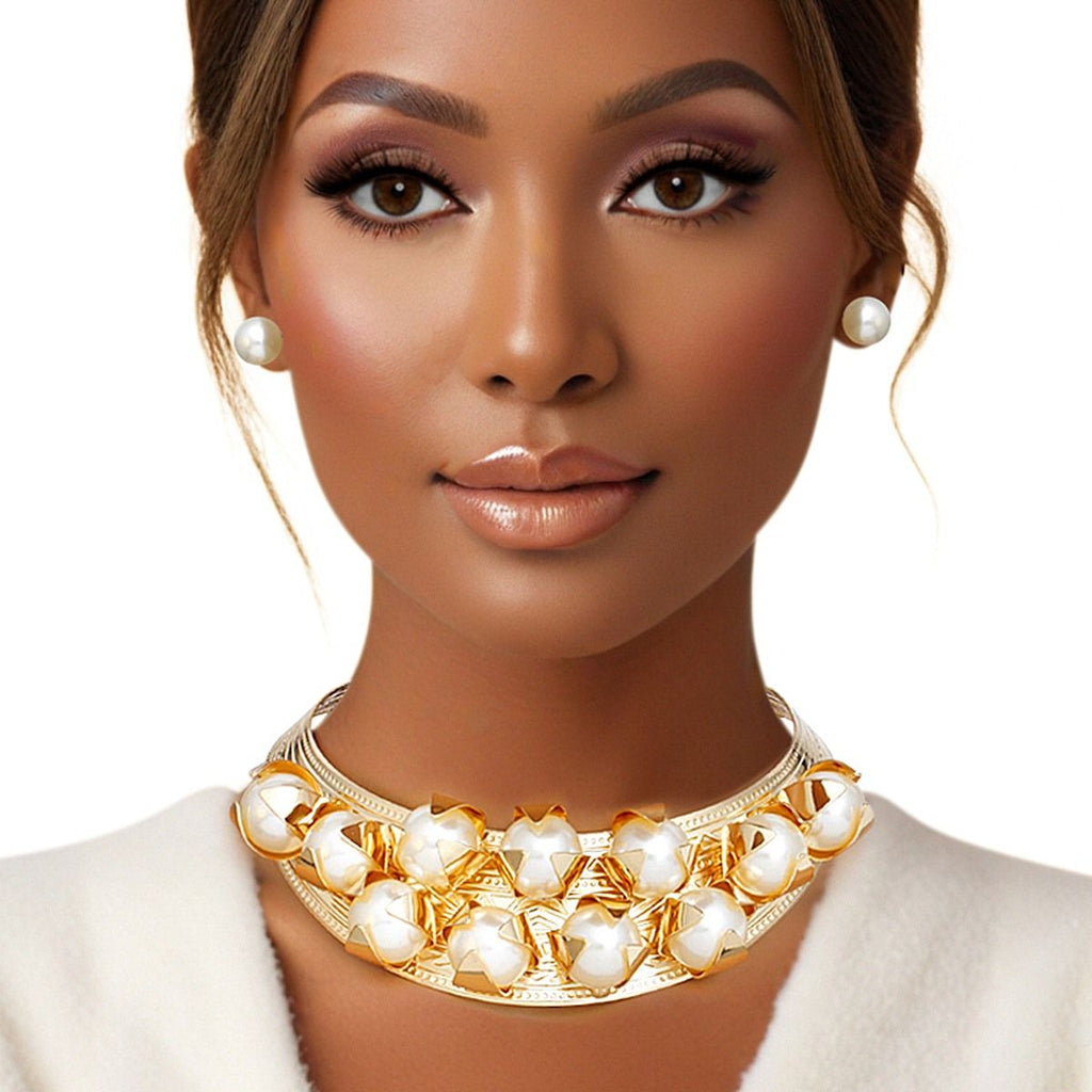 Statement Necklace Gold Rigid Pearl Armor Collar Choker Set for Women