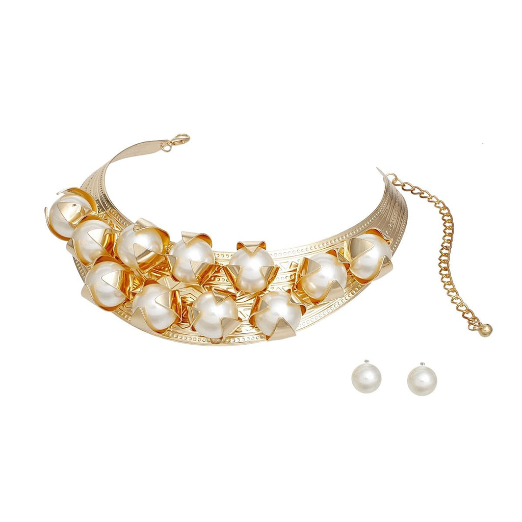 Statement Necklace Gold Rigid Pearl Armor Collar Choker Set for Women