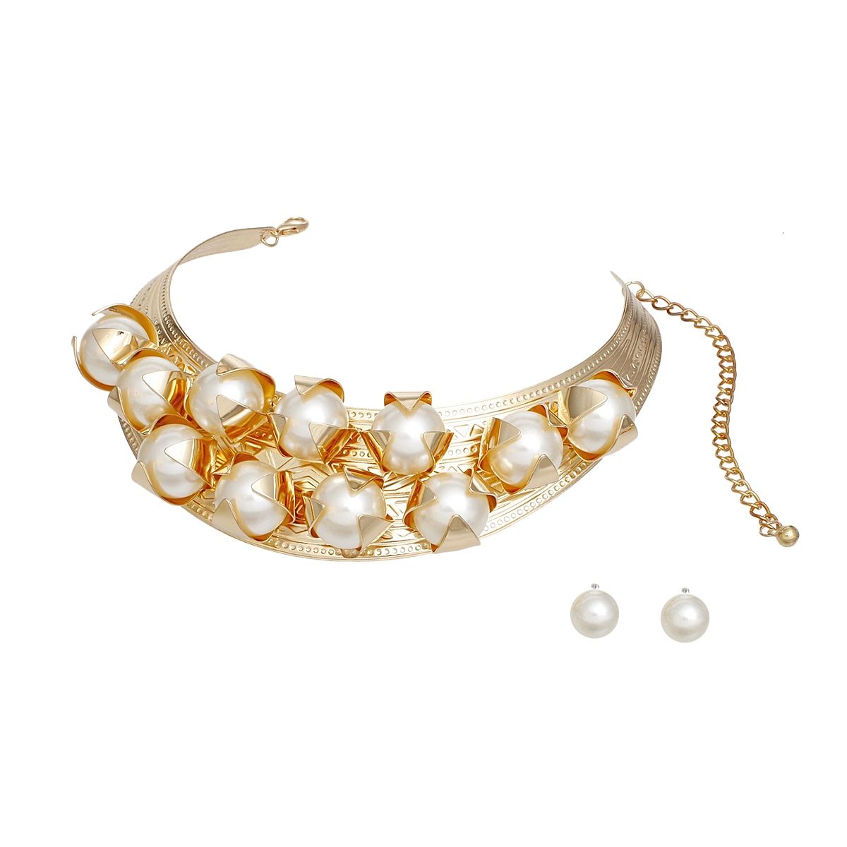 Statement Necklace Gold Rigid Pearl Armor Collar Choker Set for Women
