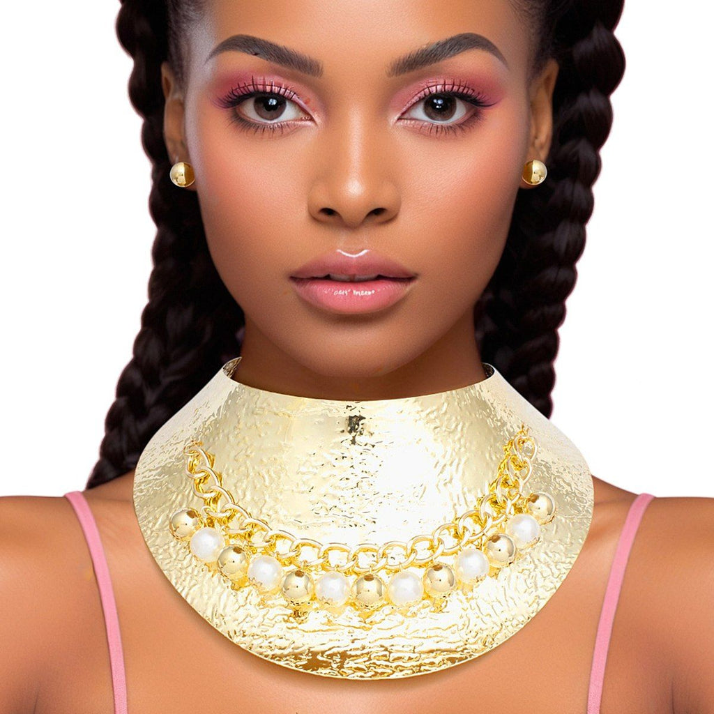 Choker Collar Set with Pearl and Rigid Gold Metal Armor - Stylish Statement Jewelry