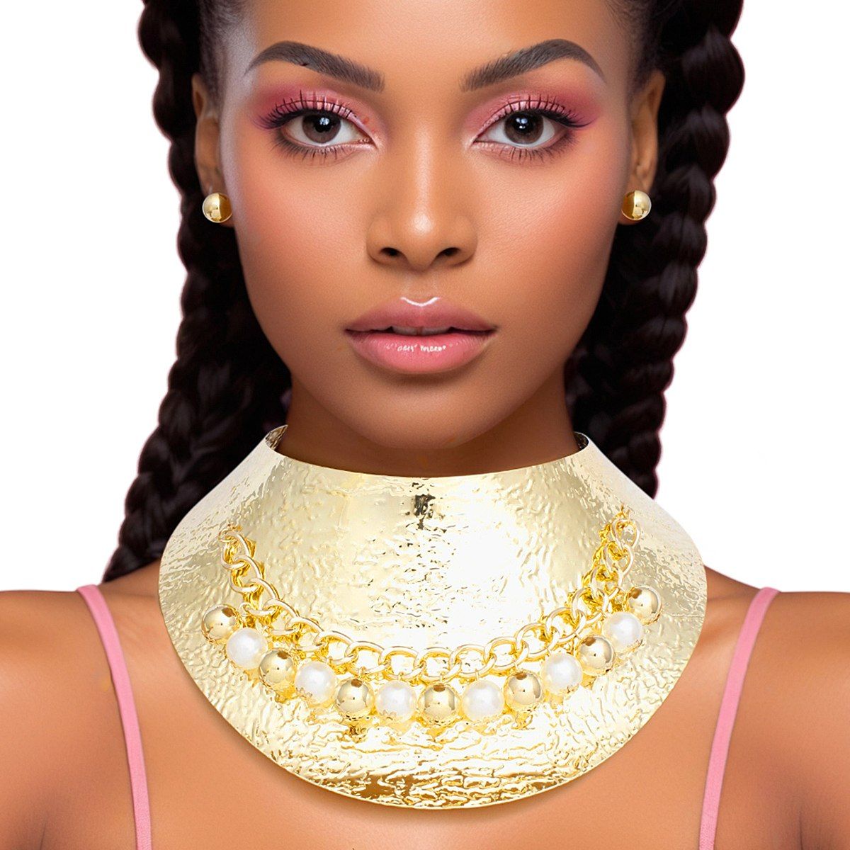 Choker Collar Set with Pearl and Rigid Gold Metal Armor - Stylish Statement Jewelry