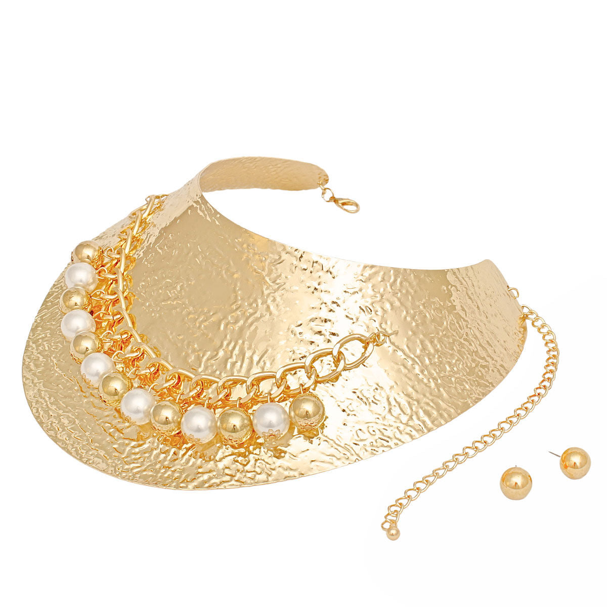 Choker Collar Set with Pearl and Rigid Gold Metal Armor - Stylish Statement Jewelry