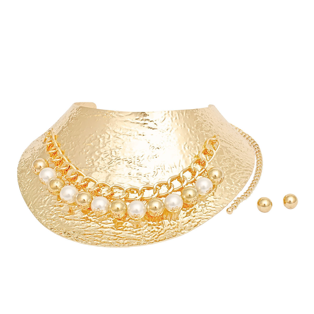 Choker Collar Set with Pearl and Rigid Gold Metal Armor - Stylish Statement Jewelry