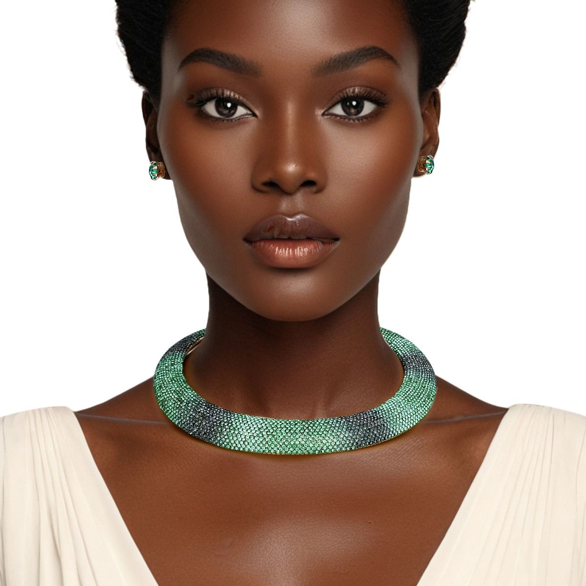 Torque Necklace with Green Stone Pave Collar for Women – Stylish Statement Jewelry