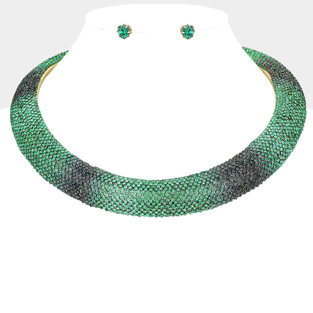 Torque Necklace with Green Stone Pave Collar for Women – Stylish Statement Jewelry