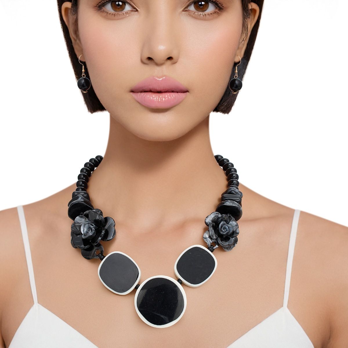 Statement Necklace Black Beaded Artistic Flower Stylish Chic Jewelry