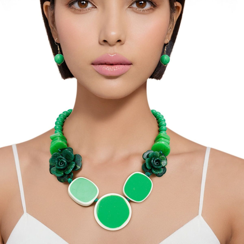 Statement Necklace Beaded Green Flower Artistic Trendy Stylish Accessory