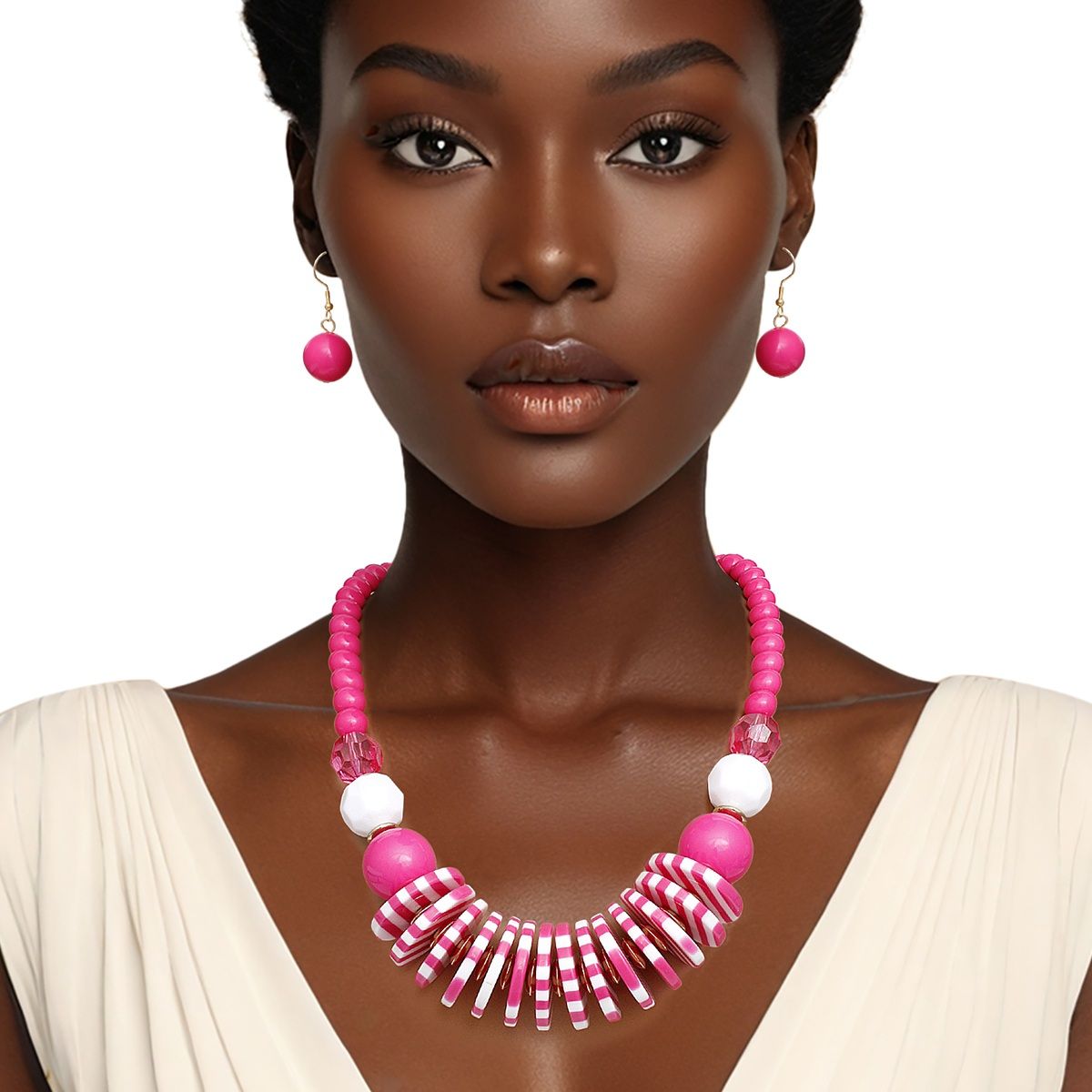 Statement Beaded Necklace Set with Funky Fuchsia and White Discs, Trendy Fashion Jewelry