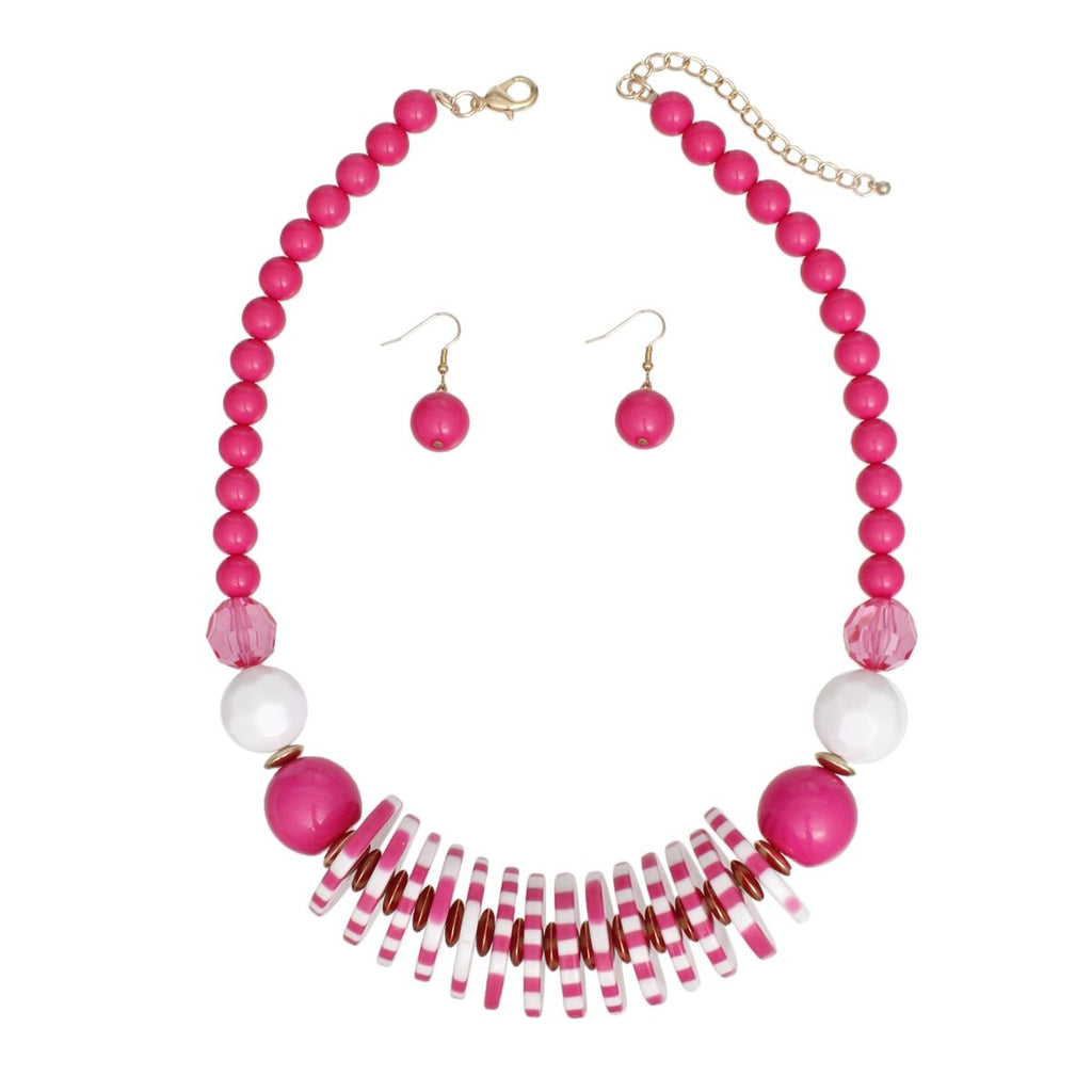 Statement Beaded Necklace Set with Funky Fuchsia and White Discs, Trendy Fashion Jewelry