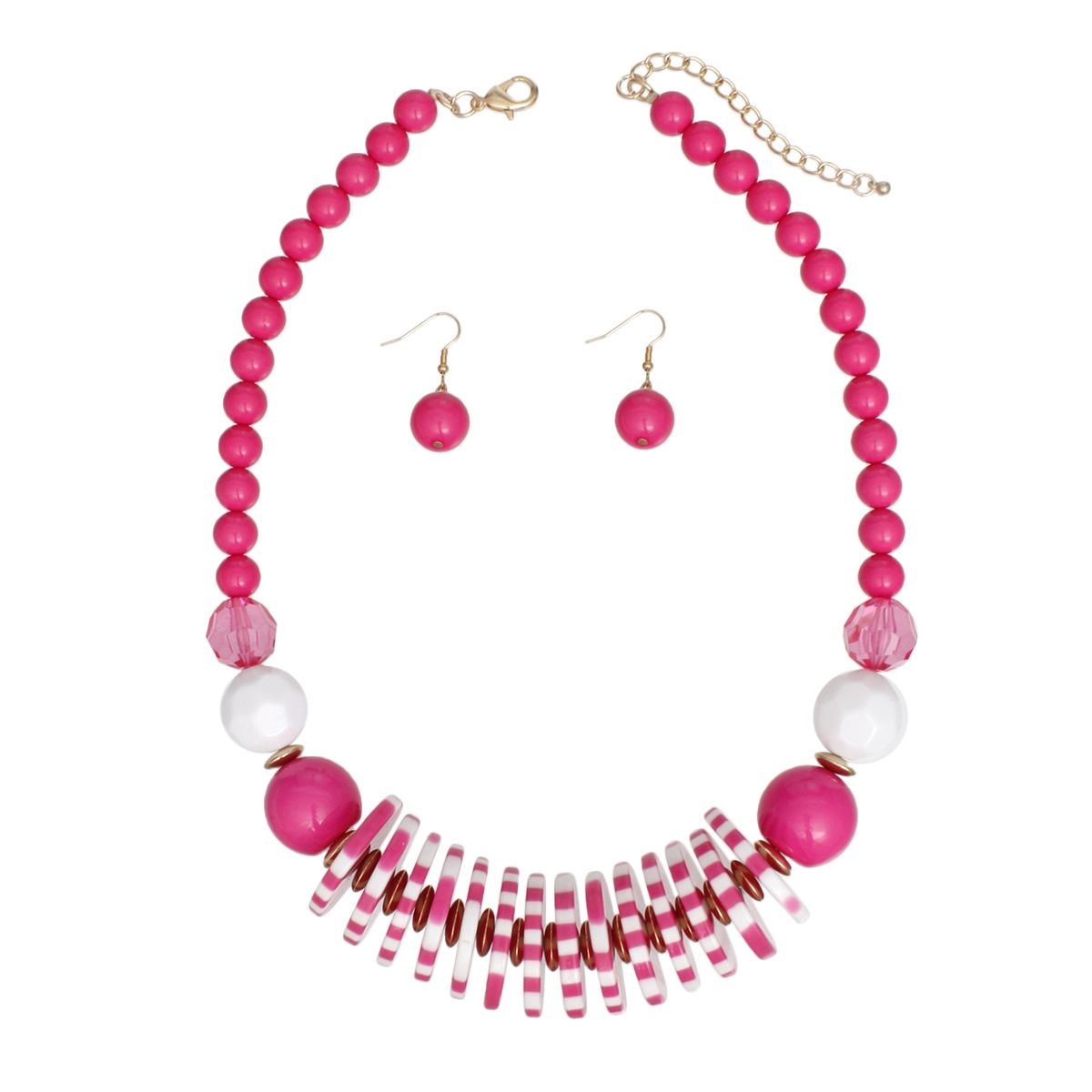 Statement Beaded Necklace Set with Funky Fuchsia and White Discs, Trendy Fashion Jewelry