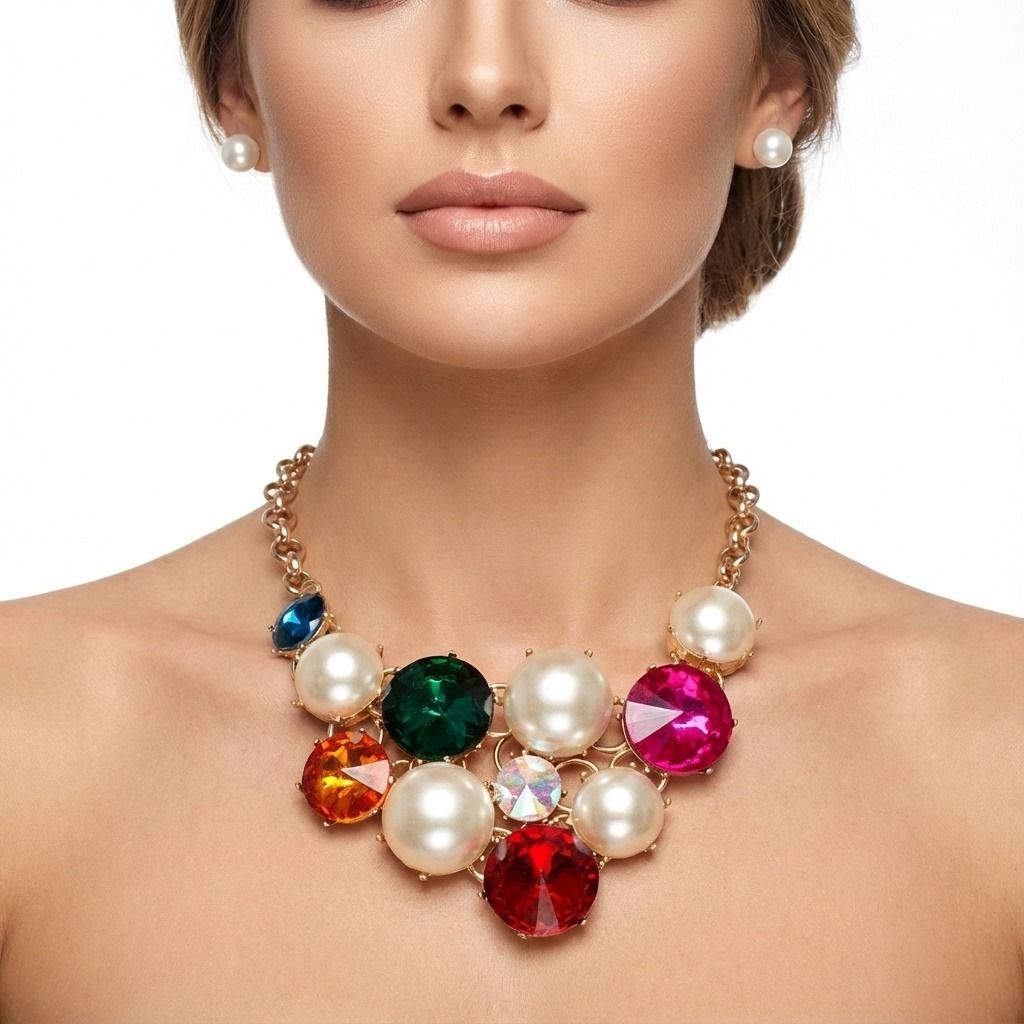 Statement Bib Necklace Chunky Multi Crystal Pearl Evening Jewelry
