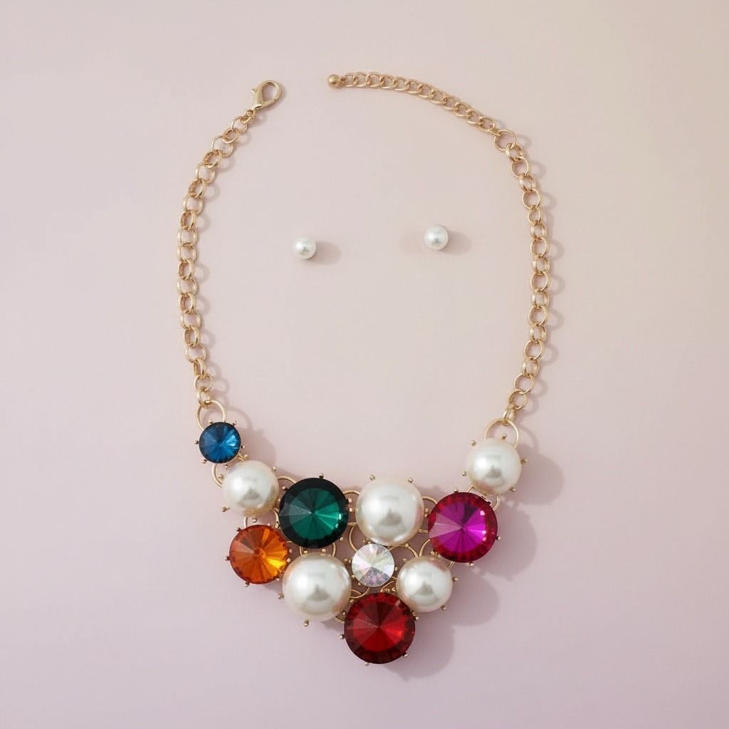 Statement Bib Necklace Chunky Multi Crystal Pearl Evening Jewelry