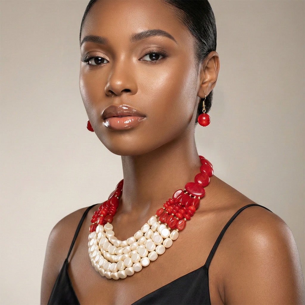 Layered Beaded Statement Necklace Red and Creamy Shine Stylish Jewelry