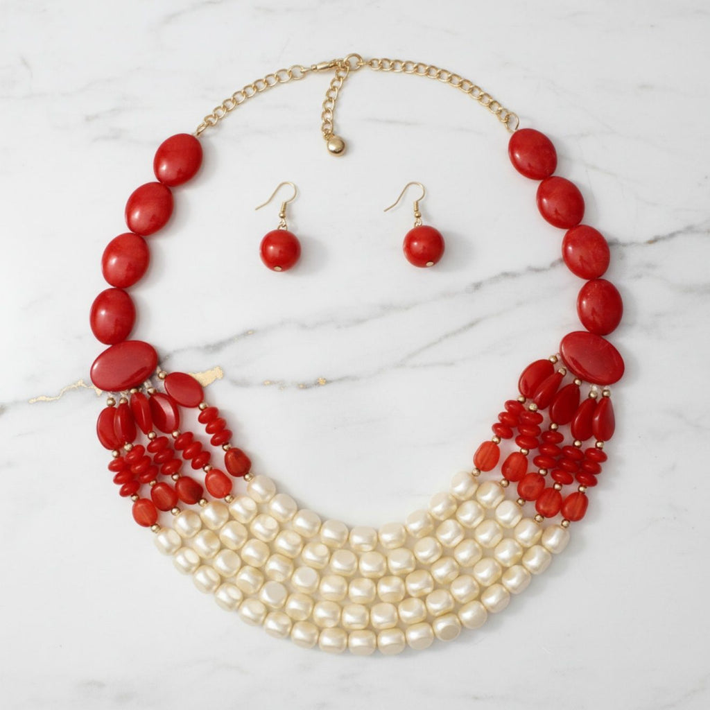 Layered Beaded Statement Necklace Red and Creamy Shine Stylish Jewelry
