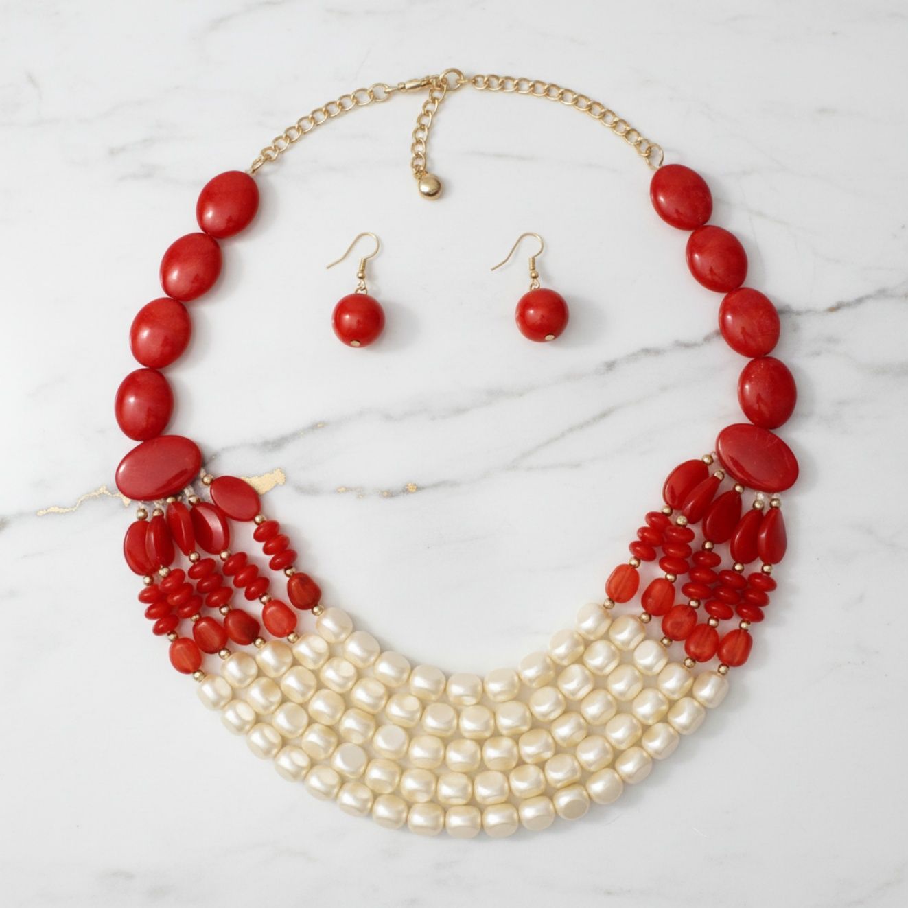 Layered Beaded Statement Necklace Red and Creamy Shine Stylish Jewelry