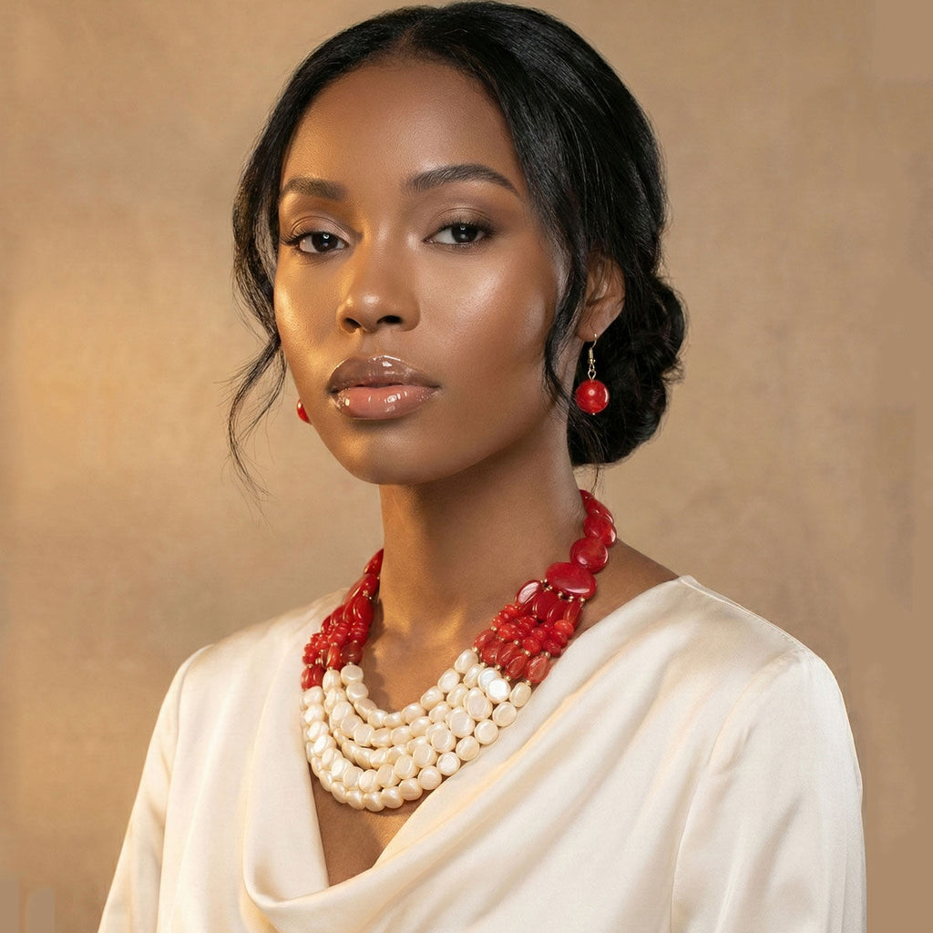 Layered Beaded Statement Necklace Red and Creamy Shine Stylish Jewelry