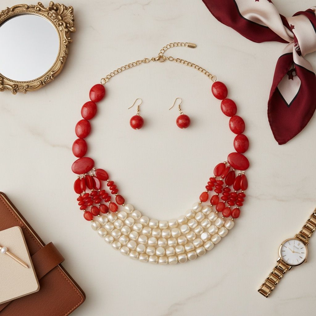 Layered Beaded Statement Necklace Red and Creamy Shine Stylish Jewelry
