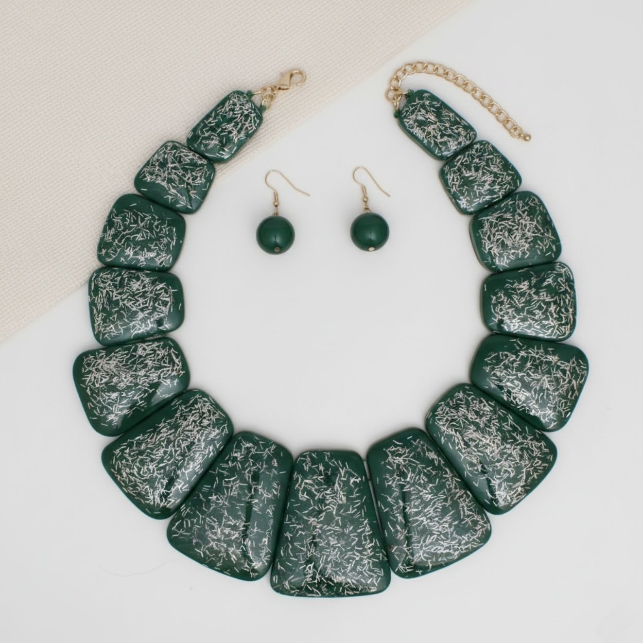 Statement Necklace Large Green Resin and Silver Confetti Trendy Chic Accessory