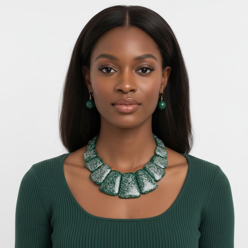 Statement Necklace Large Green Resin and Silver Confetti Trendy Chic Accessory