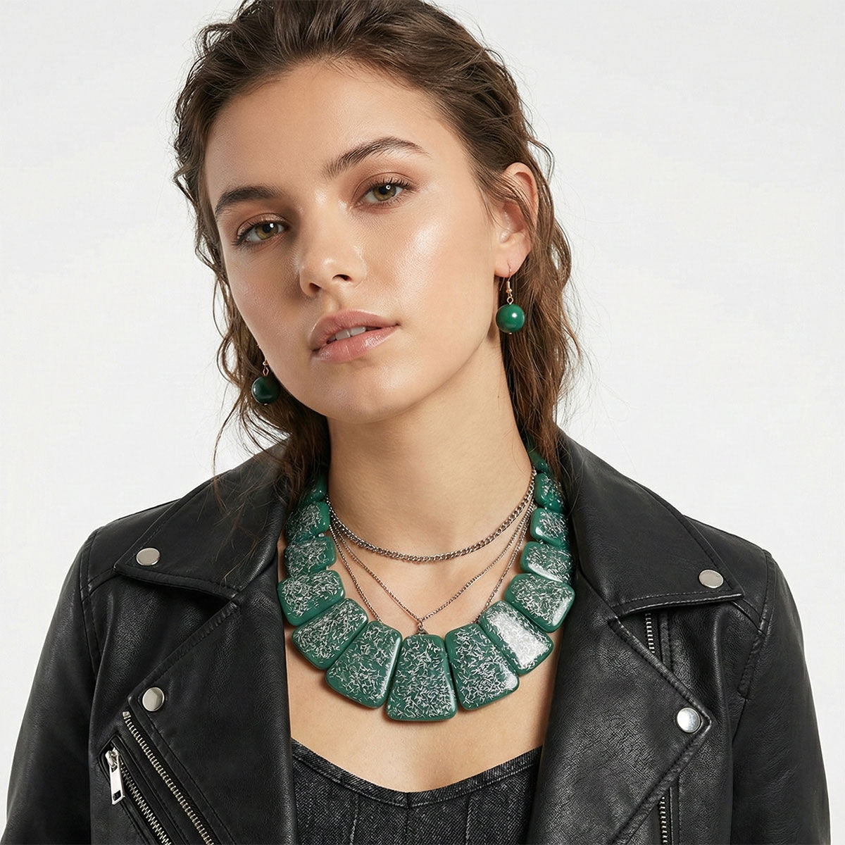 Statement Necklace Large Green Resin and Silver Confetti Trendy Chic Accessory