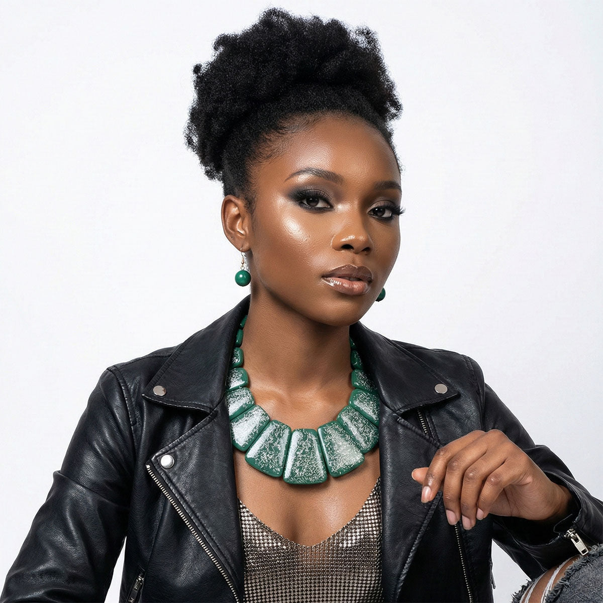 Statement Necklace Large Green Resin and Silver Confetti Trendy Chic Accessory