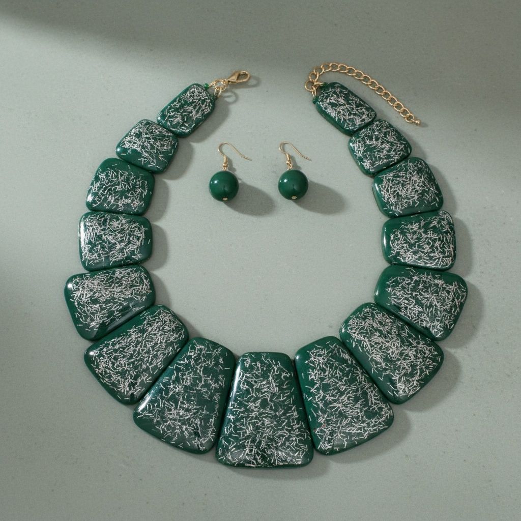 Statement Necklace Large Green Resin and Silver Confetti Trendy Chic Accessory