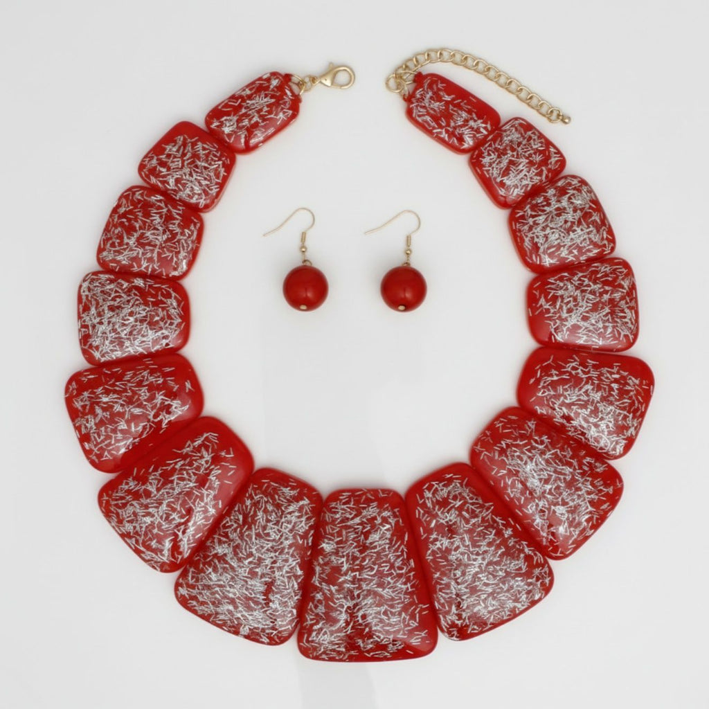 Statement Necklace Large Red Resin and Silver Confetti Stylish Accessory