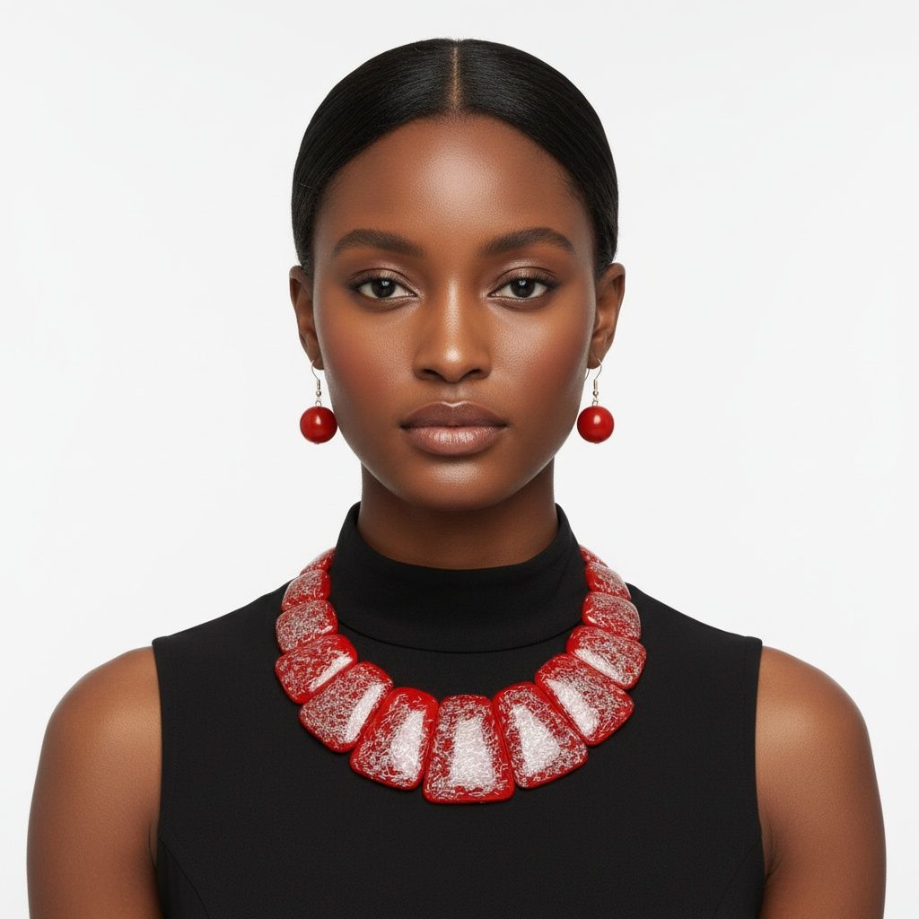 Statement Necklace Large Red Resin and Silver Confetti Stylish Accessory