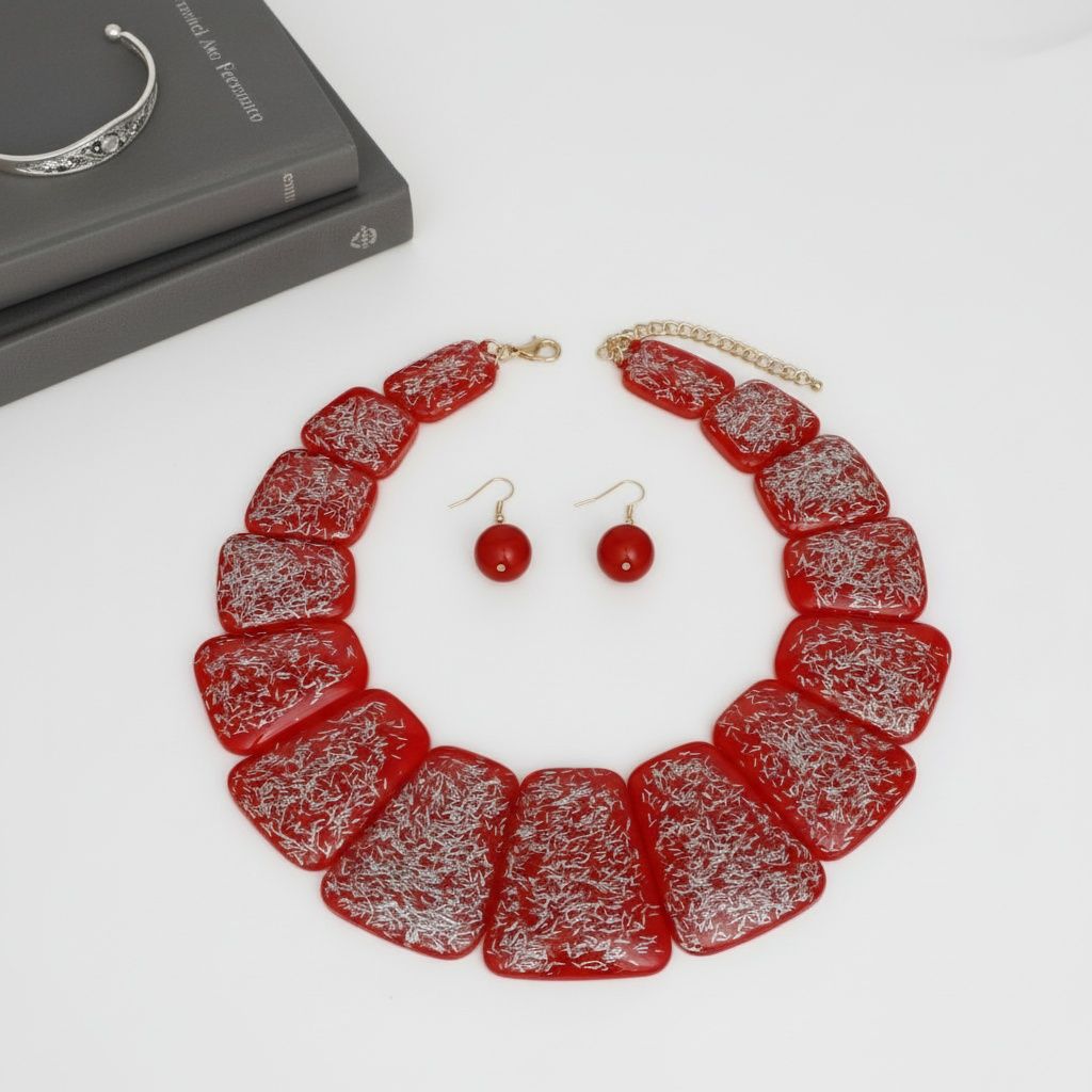 Statement Necklace Large Red Resin and Silver Confetti Stylish Accessory
