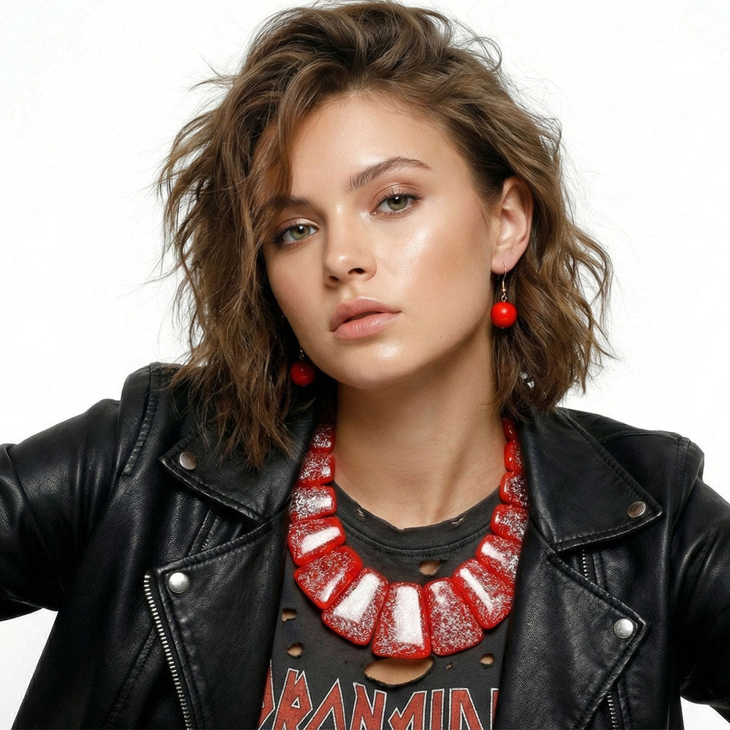 Statement Necklace Large Red Resin and Silver Confetti Stylish Accessory