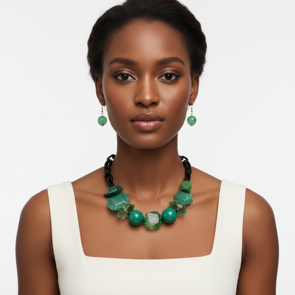 Statement Chunky Green Beaded Tribal Necklace, Trendy Fashion Jewelry