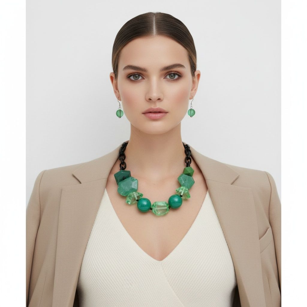 Statement Chunky Green Beaded Tribal Necklace, Trendy Fashion Jewelry