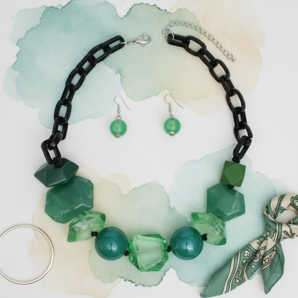 Statement Chunky Green Beaded Tribal Necklace, Trendy Fashion Jewelry
