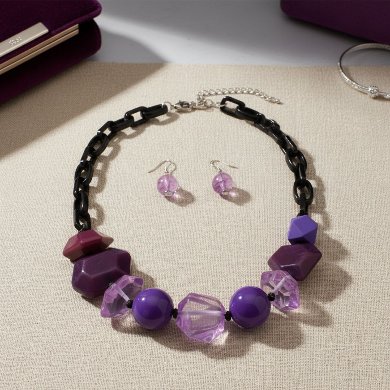 Statement Chunky Purple Beaded Tribal Necklace, Trendy Mixed Bead Jewelry