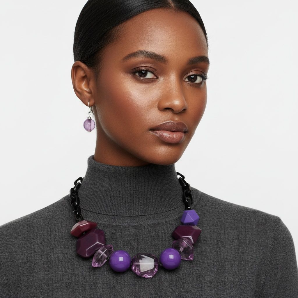 Statement Chunky Purple Beaded Tribal Necklace, Trendy Mixed Bead Jewelry