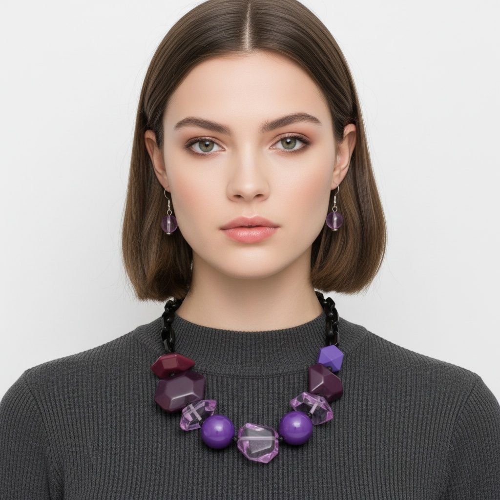 Statement Chunky Purple Beaded Tribal Necklace, Trendy Mixed Bead Jewelry