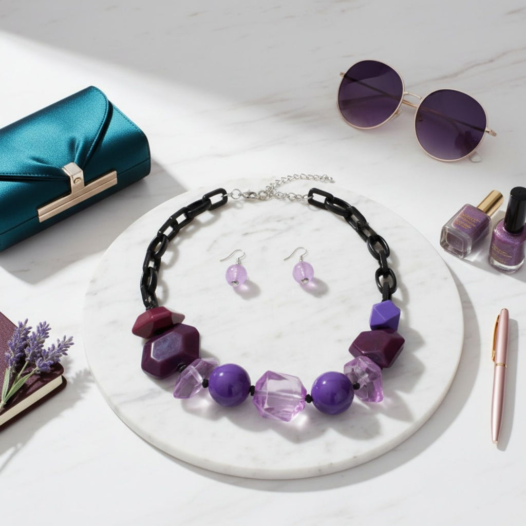 Statement Chunky Purple Beaded Tribal Necklace, Trendy Mixed Bead Jewelry