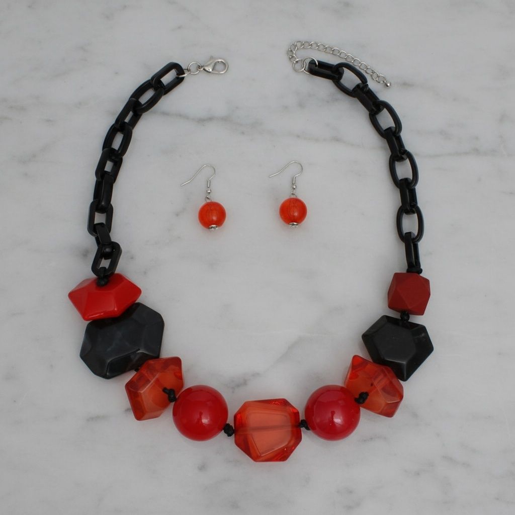 Statement Chunky Red Beaded Tribal Necklace, Trendy Fashion Jewelry