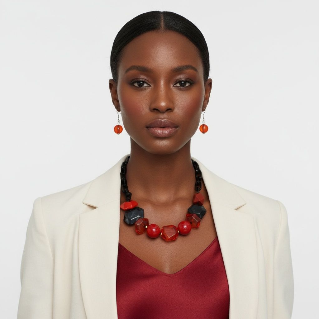 Statement Chunky Red Beaded Tribal Necklace, Trendy Fashion Jewelry