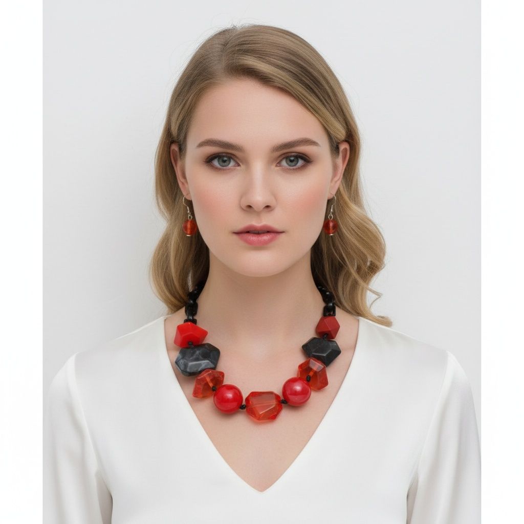 Statement Chunky Red Beaded Tribal Necklace, Trendy Fashion Jewelry